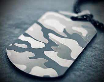 Brushed Snow Camo Dog Tag Necklace: Stainless Steel Pendant, 24" Chain