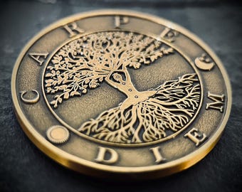 Lucky Ornate Carpe Diem Memento Mori Double Sided Tree of Life Coin | Accessory | Anxiety Relief | Fidget | Everyday Carry | Spirituality