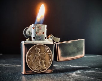 Customised Oxidised Antique Distressed Copper & Bronze One Penny Hobo Nickel Metal Zippo Lighter / EDC / Old English Vintage Coin