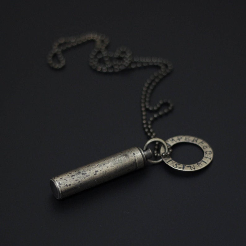 Personalized / Personalised Vintage Style Distressed Brass Secret Stash Vial Bullet Capsule Pendant with Engraved Custom Dog Tag Necklace image 1