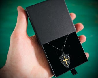 Rustic Hammered Black & Gold Stainless Steel Knight's Shield Cross Pendant - 24" Chain