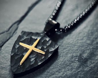 Rustic Hammered Black & Gold Stainless Steel Knight's Shield Cross Pendant - 24" Chain