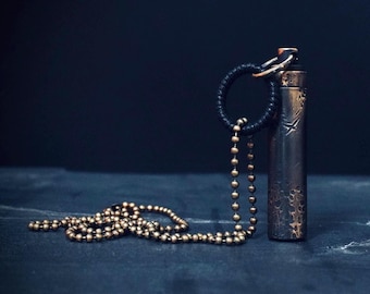 Distressed Rustic Style Etched Brass Secret Stash Vial Capsule Pendant Keychain with Leather Lace Cord Necklace / EDC