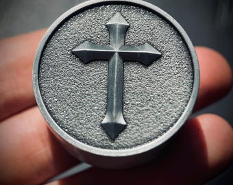 Ornate Distressed Stainless Steel Pill Bottle Stash Capsule Container with Silver Cross Crucifix / Survival EDC / Medication / Snuff Box