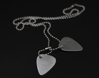 Minimalist Brushed Stainless Steel Matte Silver Twin Guitar Pick Dog Tags with Matching Ball Chain Necklace