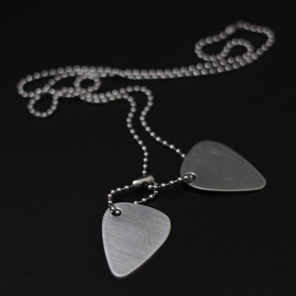 Minimalist Brushed Stainless Steel Matte Silver Twin Guitar Pick Dog Tags with Matching Ball Chain Necklace