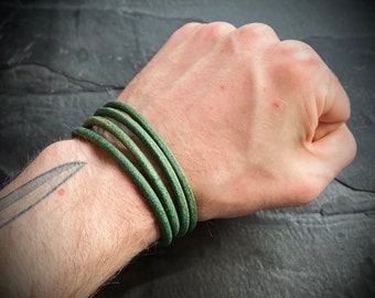 Artisan Handmade Minimalist Green Distressed Relic Leather Wrap Wristband Cuff Bracelet Accessory with Brushed Matte Black Lock Clasp