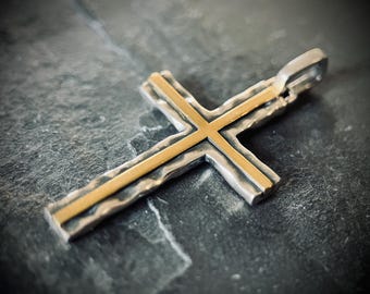 Distressed Handmade 925 Solid Sterling Silver & Brass Simple Minimalist Hammered Cross Crucifix Pendant with Presentation Gift Box