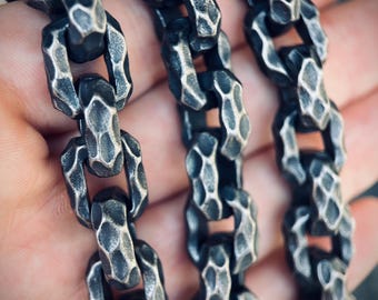 Boxy Thick Chunky Heavy Distressed Hammered Oxidised Silver Stainless Steel Cable Link Chain Necklace