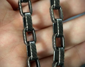 Rustic Etched Stainless Steel Matte Black & Silver Thick Chunky Heavy Box Chain Necklace