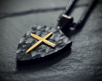 Rustic Style Hammered Textured Oxidised Black Stainless Steel Golden Cross Knights Shield Crucifix Pendant with Matching 24" Boxy Necklace