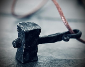 Distressed Rustic Oxidised Iron Forged Thor's Viking Mjolnir Hammer Pendant on Adjustable Brown Cord Necklace