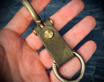 Distressed Olive Green Leather Brass Fish Hook Belt Keychain / Key Holder / Lanyard / Carabiner