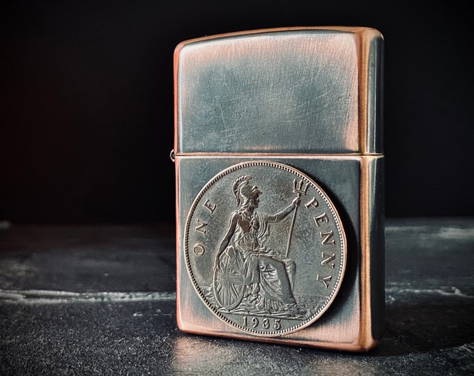 Featured listing image: Custom Oxidised Antique Distressed Copper & Bronze One Penny Hobo Nickel Metal Lighter / EDC / Fire / Survival / Old English Vintage Coin