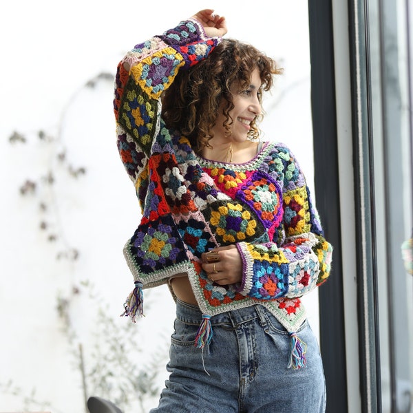 Colorful Crochet Women's Sweater, Women's Tops, Bohemian, Afghan Motif, Gift For Her, Custom-Designed,Organic Wool, Sustainable Handicrafts