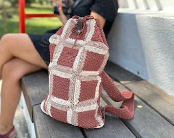 Handmade Crochet Backpack: Cinnamon Brown Boho Bag