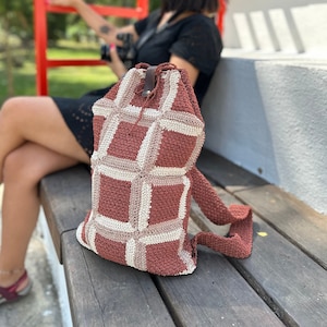 Handmade Crochet Cinnamon Brown Women's Backpack, Boho Style Crochet Women's Bag, Earthy Tones Handcrafted Crochet, Brown Crochet Rucksack
