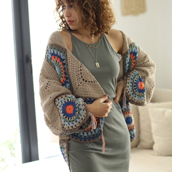 Patchwork Crochet Cardigan: Bohemian Beige Knit Top