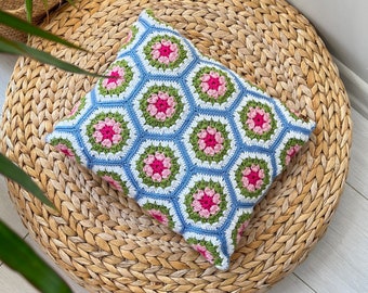 Colorful Handmade Crochet Cushion, Bohemian Style Crochet Cushion, Handmade Hexagon Motif Cushion, Artisan Crochet Colorful Cushion