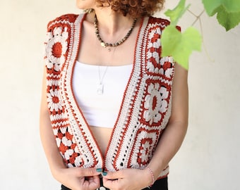 Crochet Granny Square Waistcoat, , Crochet Waistcoat, Handmade Granny Square Vest for Women, Knit Boho Hippie Clothing,