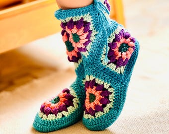 Handmade Crochet Slippers: Blue Boho Home Shoes with EVA Sole