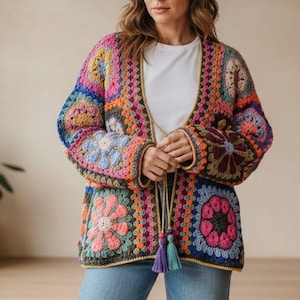 Pink Crocheted Square Patchwork Cardigan: Women's Colorful Patterned Jacket