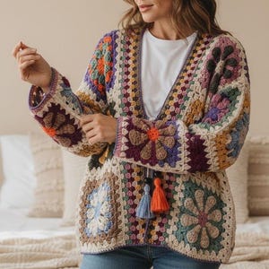 Crocheted Square Patchwork Cardigan: Women's Colorful Patterned Jacket