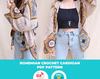 Crochet Bohemian Cardigan Pattern • PDF Instant Download • Granny Square Afghan Cardigan Tutorial