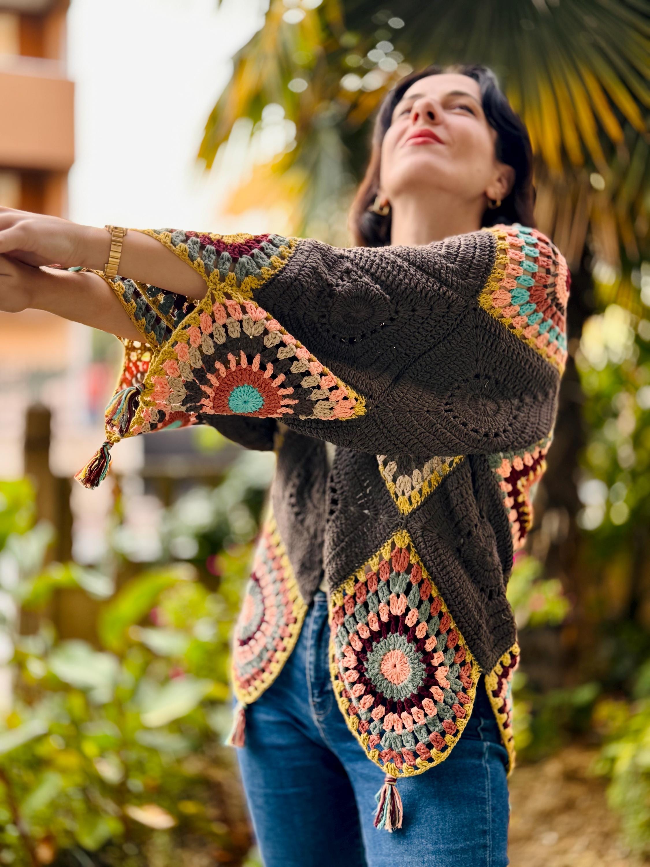 Boho Crochet Cardigan: Brown Granny Square Cotton Sweater