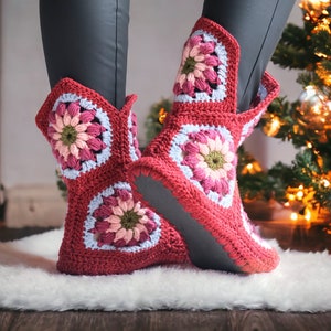 Knitted Slippers with Soles for Women, Slipper Socks, Red, Boot Slippers, Winter Slippers, Women&#39;s New Year&#39;s Gift, Christmas