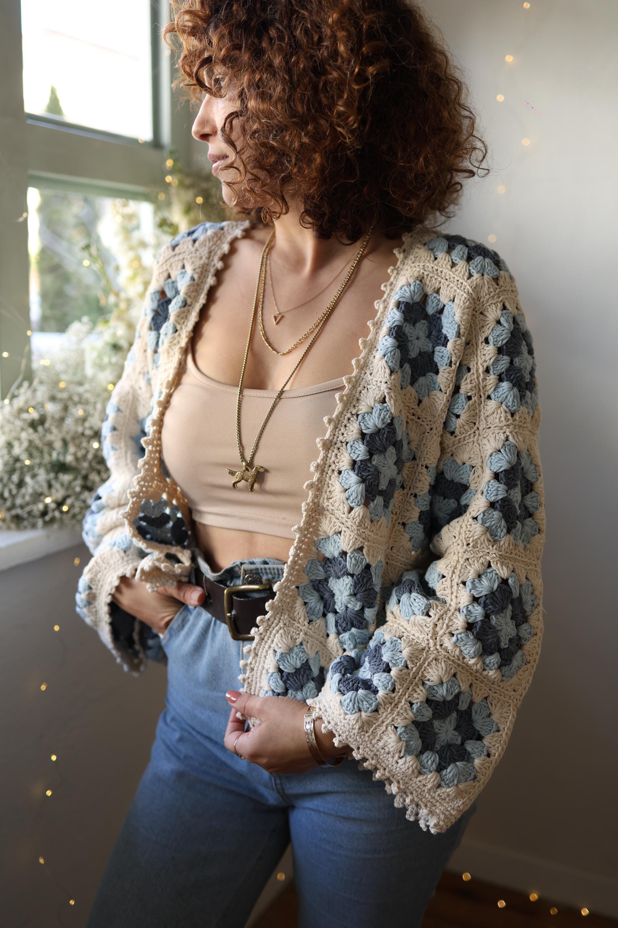 Boho Crochet Granny Square Cardigan: Handmade Cotton Knit Jacket
