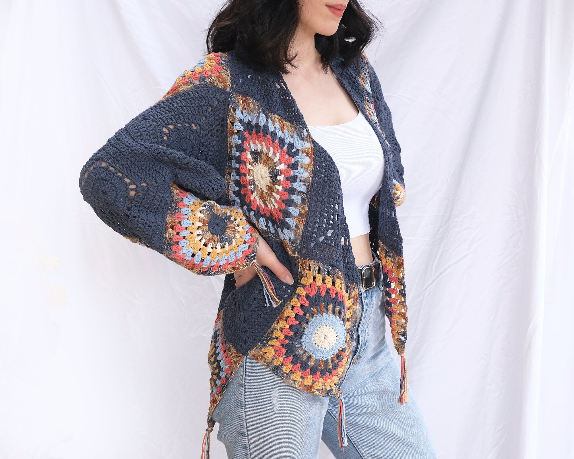 Patchwork Navy Blue Cardigan Bohemian Style Gift for Her - Etsy