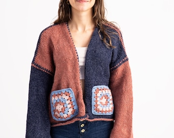 Hand-Knitted Two-Tone Cardigan: Bohemian Knitwear with Granny Square Pockets
