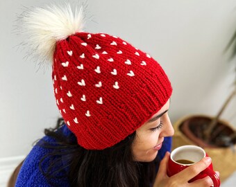 Red Knit Beanie With White Hearts, Valentine display picture 3