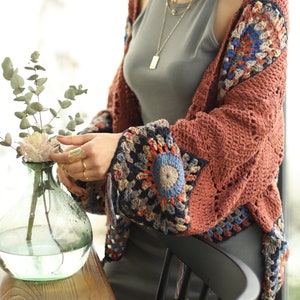 burgundy crochet bohemian cardigan, shabby model, hippie style, woman  sweater,  cotton rope, colorful