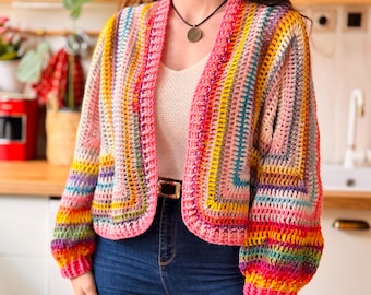 Handgemachte Boho Regenbogen Kurze Strickjacke