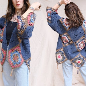 Patchwork Crochet Cardigan: Navy Blue Bohemian Knitted Jacket