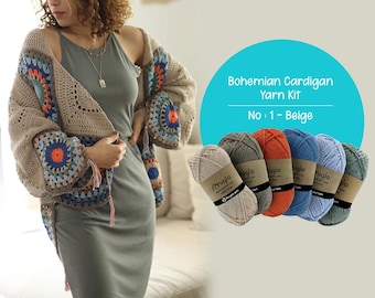 Bohemian Crochet Cardigan Yarn Kit: 100% Cotton DIY Hobby Supplies