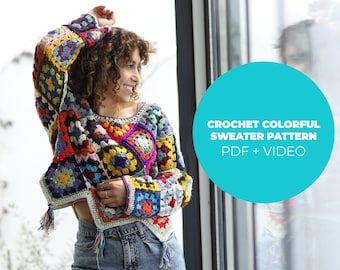 Crochet Sweater Pattern PDF, Granny Motif, Colorful Sweater Pullover Top Pattern, Crochet Pattern, Standard Size, Women Crochet Pattern