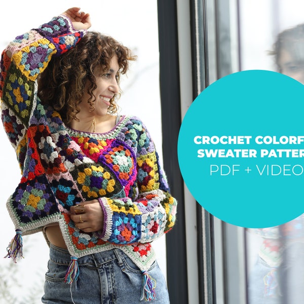 Modèle PDF de pull au crochet, motif grand-mère, modèle de haut de pull coloré, modèle au crochet, taille standard, modèle femme au crochet