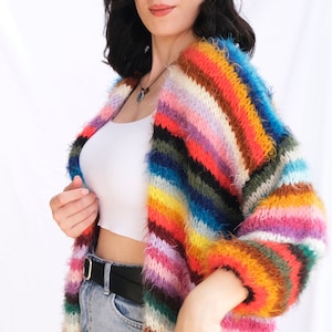colorful fluffy cardigan, soft colored cardigan, hand-knitted cardigan in vibrant colors, oversize women&#39;s cardigan, gift for her