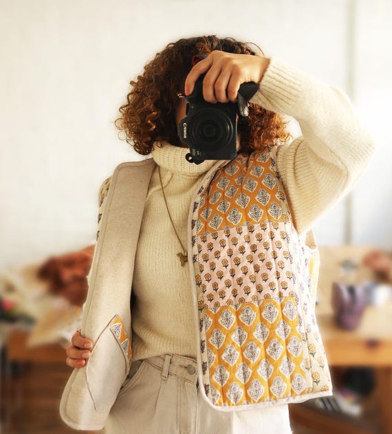ハンドメイドリバーシブルキルティングベスト：花柄幾何学模様コットン