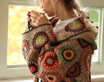 Beige Afghan Crochet Hooded Cardigan: Boho Cotton Knit