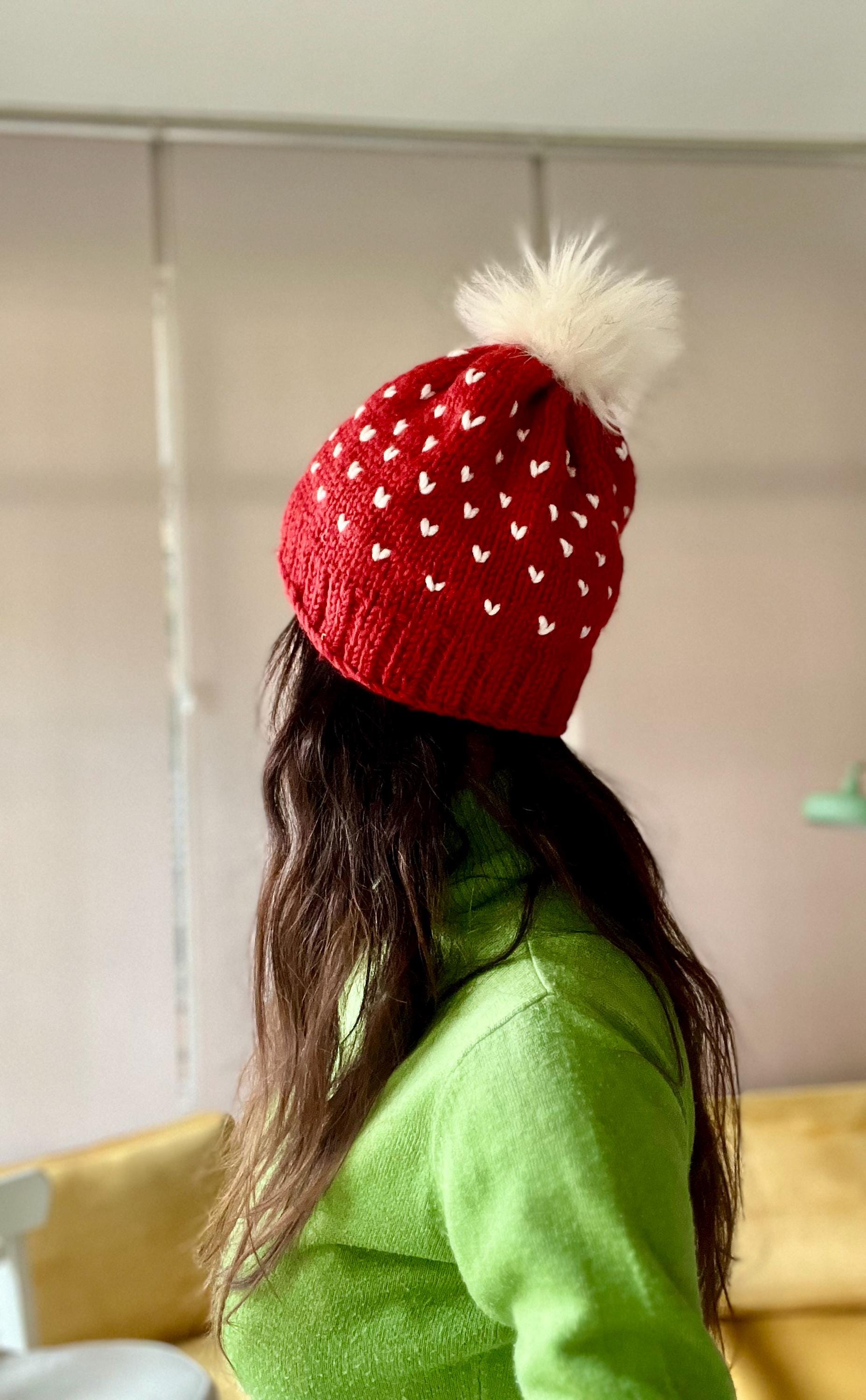 Red Knit Beanie With White Hearts, Valentine