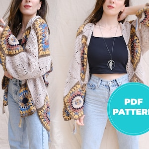 Crochet Cardigan Pattern, Bohemian Style, PDF, Women's Top, Women's Cardigan Pattern, Colorful Tops, Afghan Motif, Handmade Crochet