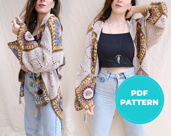 Crochet Cardigan Pattern, Bohemian Style, PDF, Women's Top, Women's Cardigan Pattern, Colorful Tops, Afghan Motif, Handmade Crochet
