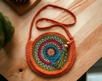 Sac mandala au crochet coloré, sac à bandoulière au crochet, petit sac à bandoulière avec bandoulière, fourre-tout élégant fabriqué à la main, inspiration hippie