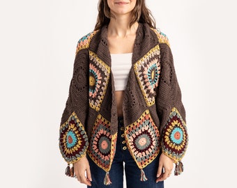 Bohemian Brown Crochet Cardigan, Boho Style Brown Sweater, Earthy Tones Crochet, Woman Crochet Cardigan, Spring Cardigan, Granny Motif,