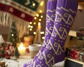 Hand-Knit Christmas Socks, Festive Leg Warmers,  Purple Ethnic Pattern Knitted