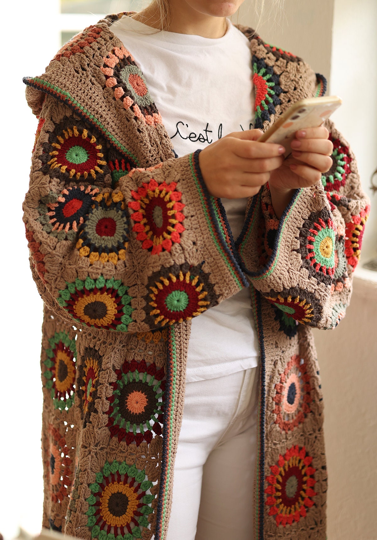Beige Bohemian Crochet Cardigan, Granny Square Cardigan, Wool 